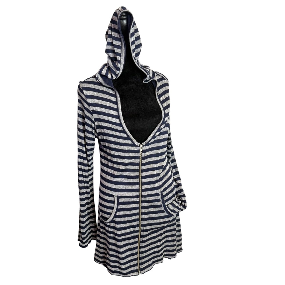 Metallic Lurex Zip Up Hoodie Tunic Womens L Navy Silver Striped Indie Sleaze USA